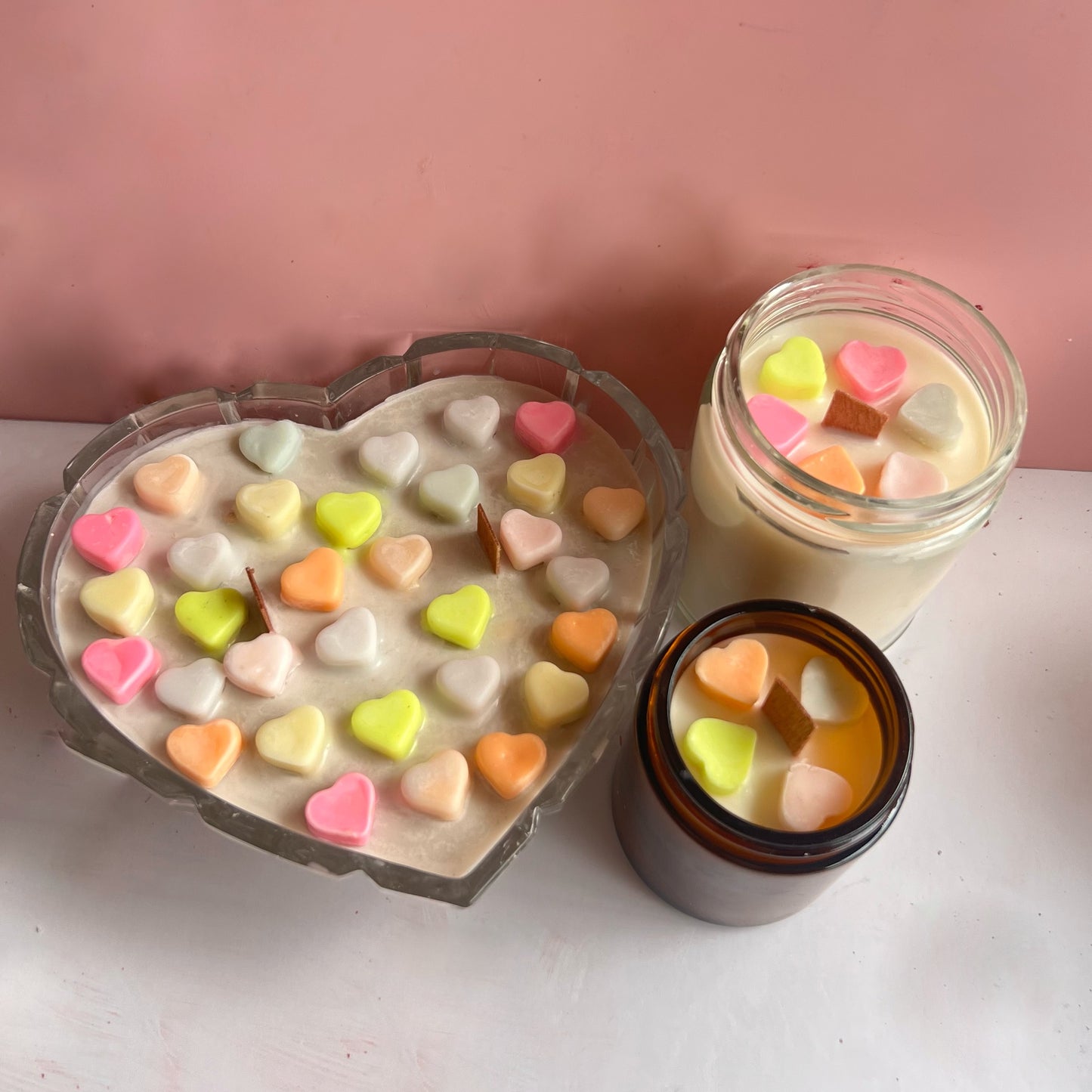 Juicy Peach Candy Hearts Candle | 4 or 8 oz | Sweet Peach Nectar Scent | Wood Wick | Eco Friendly Non Toxic