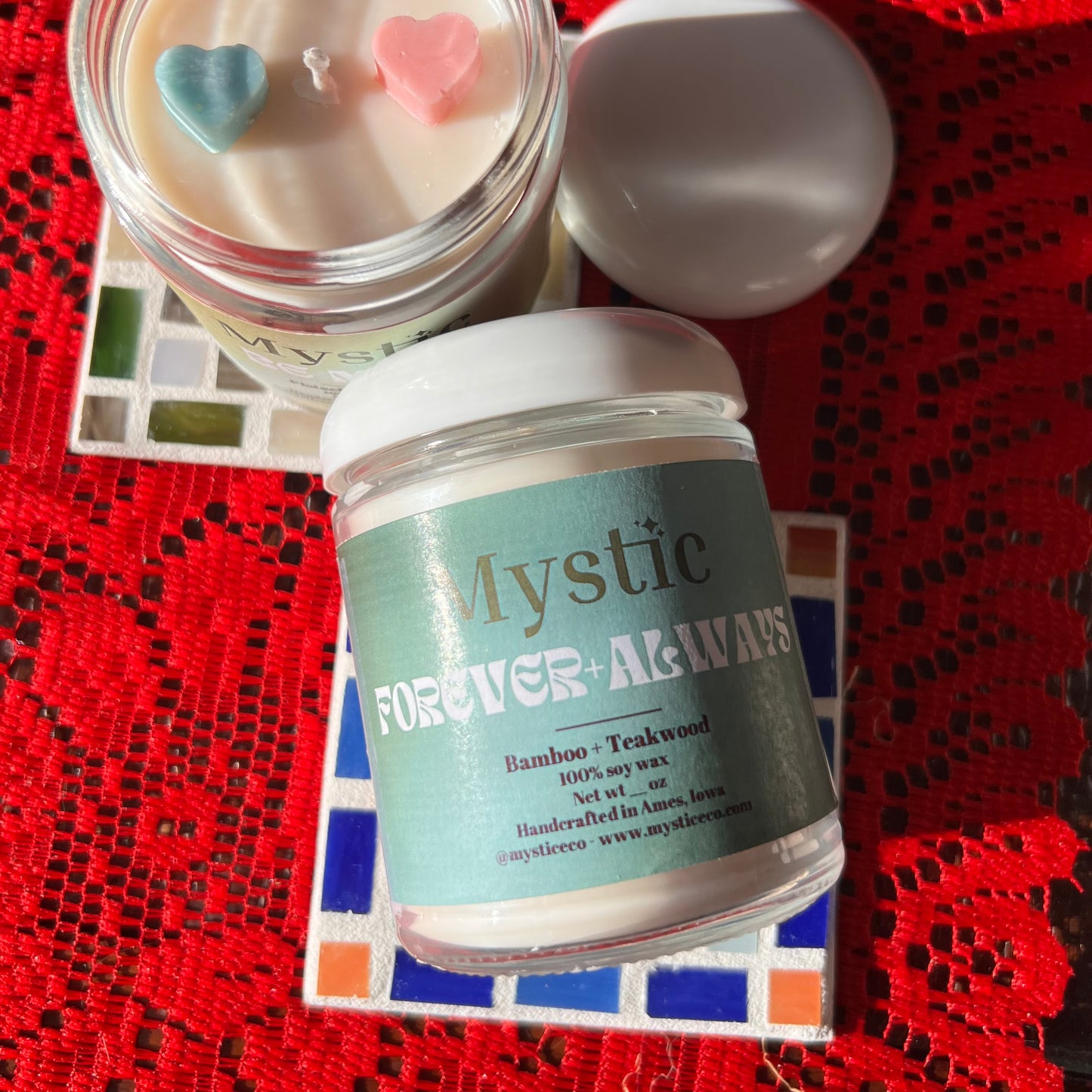 ‘Forever + Always’ Candy Hearts Candle | bamboo + teakwood scented 8 oz candle