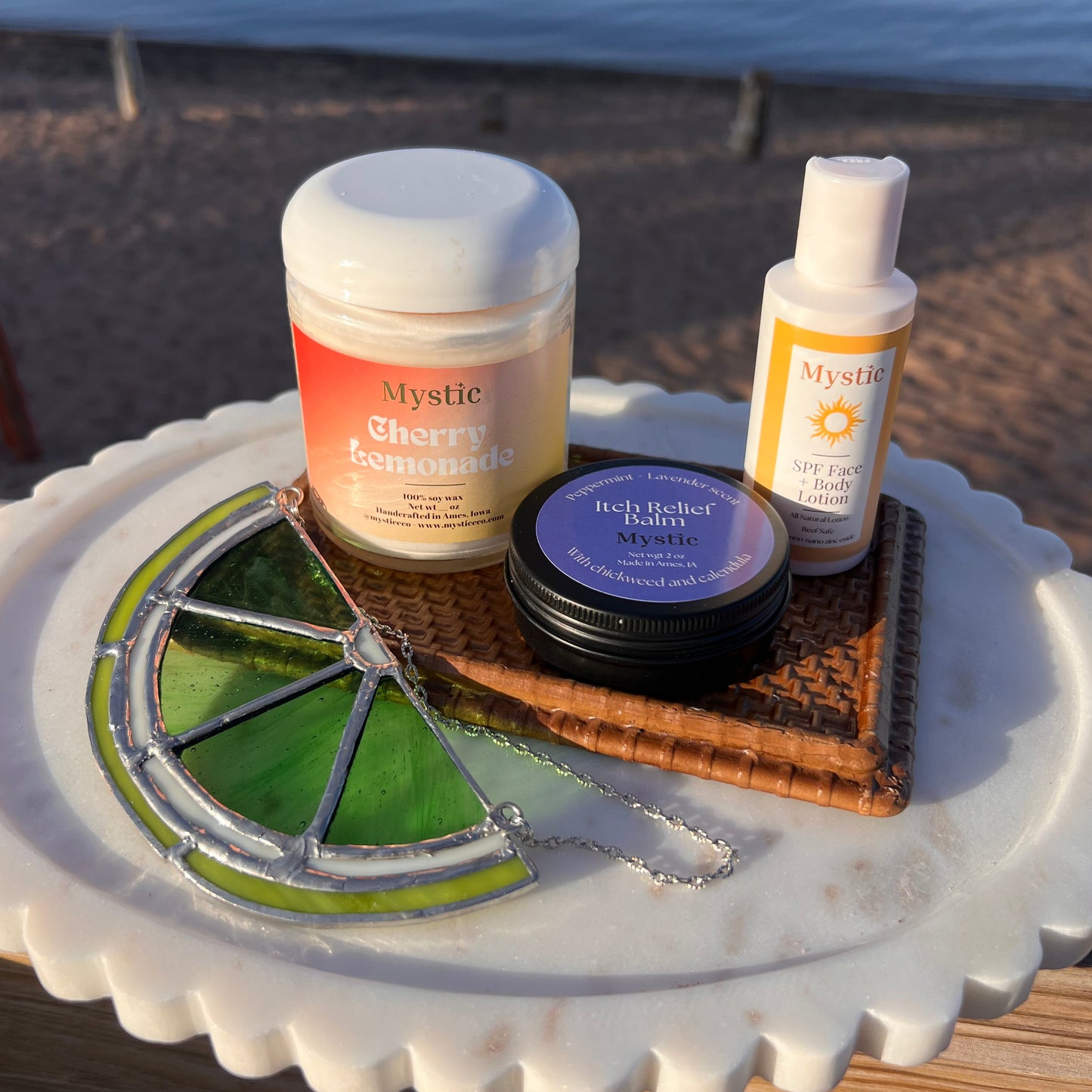 Summer Days Gift Set | stained glass, cherry lemonade candle, itch relief balm, SPF lotion