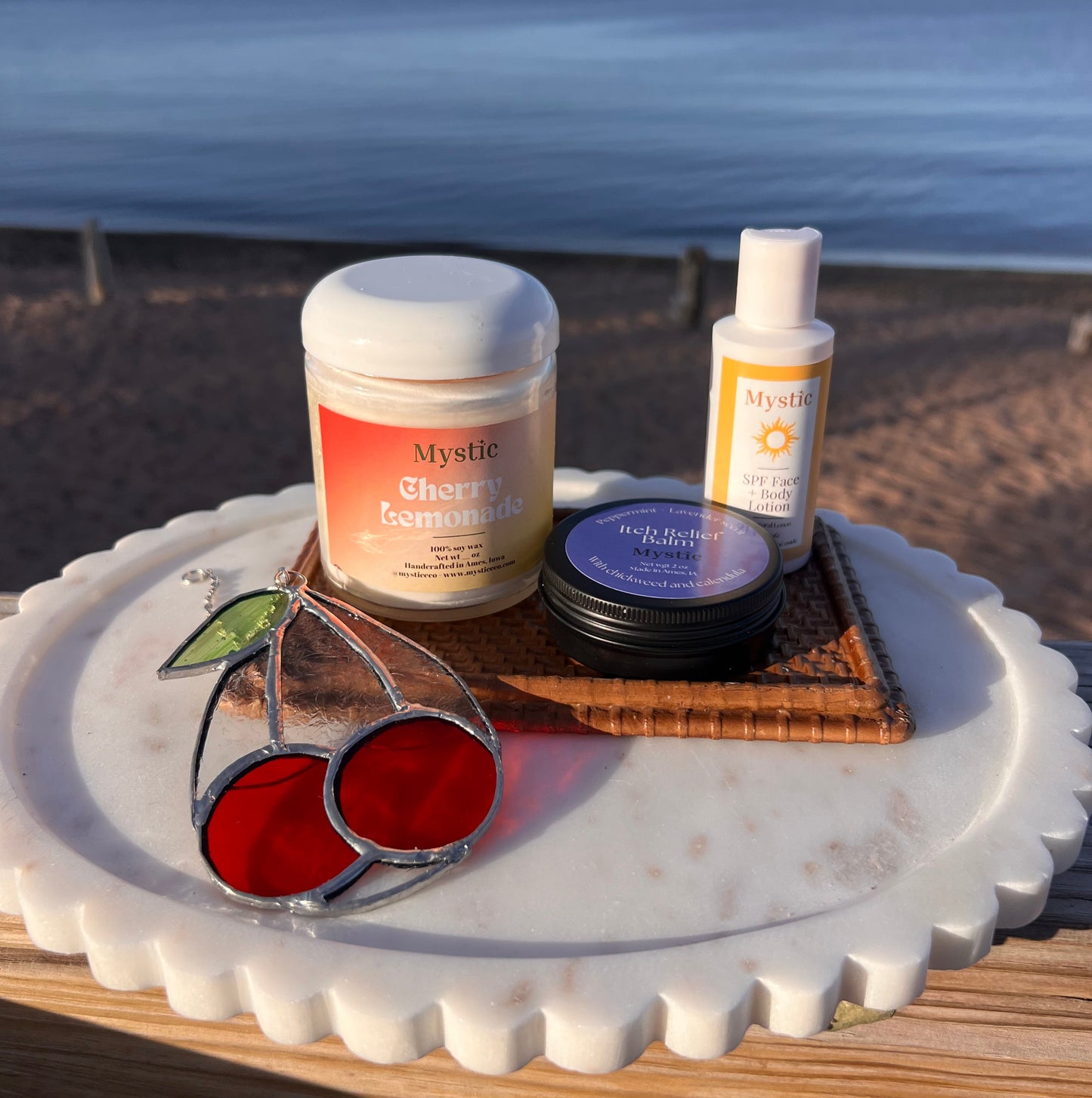 Summer Days Gift Set | stained glass, cherry lemonade candle, itch relief balm, SPF lotion