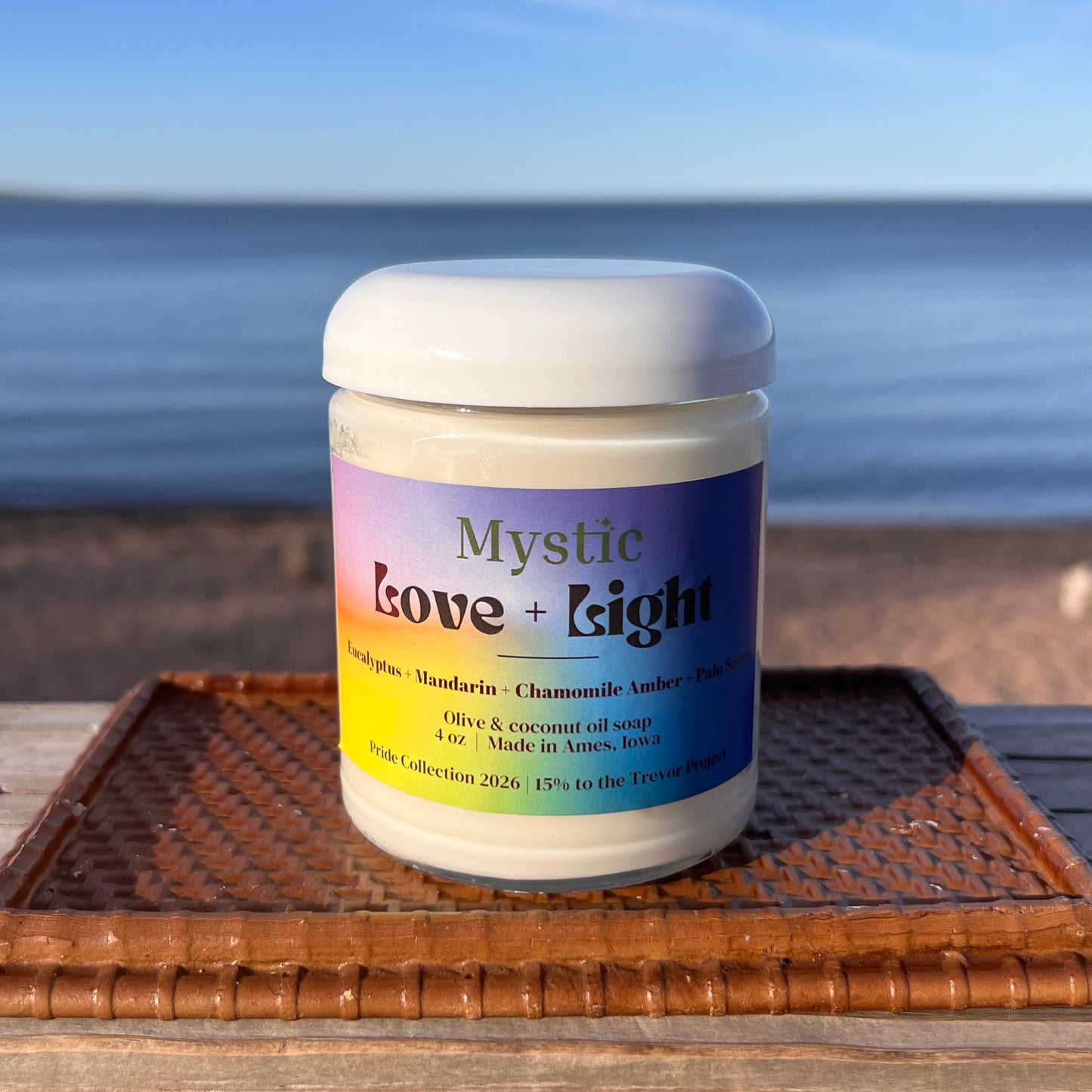 Love + Light 8 oz candle | eucalyptus, mandarin, chamomile, palo santo, and amber | eco-friendly non-toxic Pride 2026 summer candle