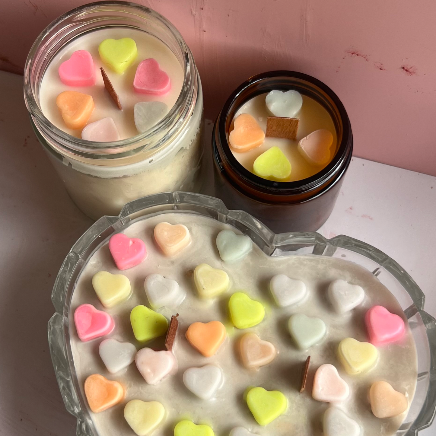 Juicy Peach Candy Hearts Candle | 4 or 8 oz | Sweet Peach Nectar Scent | Wood Wick | Eco Friendly Non Toxic