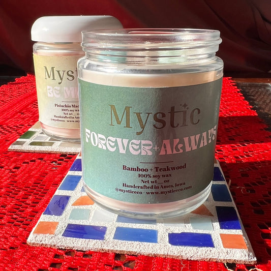 ‘Forever + Always’ Candy Hearts Candle | bamboo + teakwood scented 8 oz candle - Mystic Eco