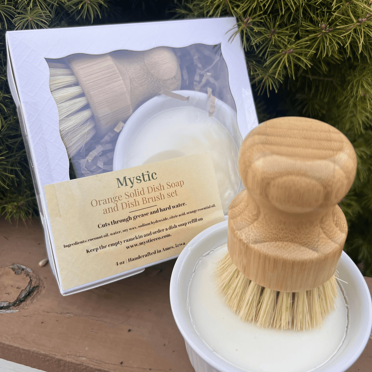 Solid Dish Soap | refillable, eco-friendly, zero waste, non-toxic formula | Ramekin Refill and Compostable Bamboo Dish Brush - Mystic Eco