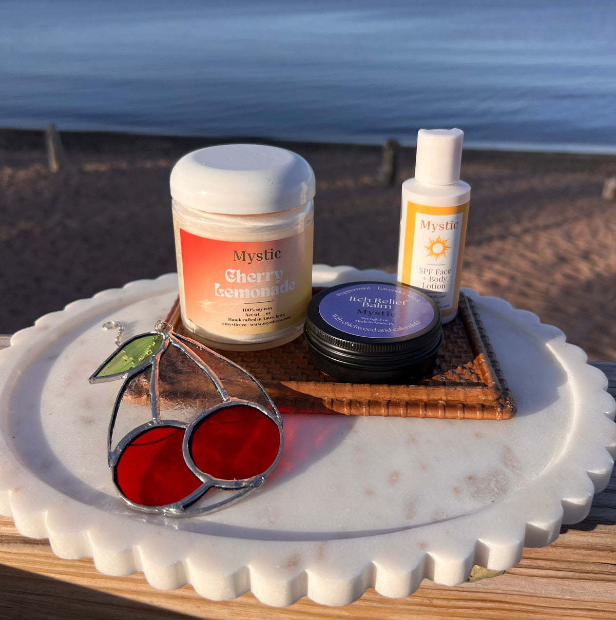 Summer Days Gift Set | stained glass, cherry lemonade candle, itch relief balm, SPF lotion - Mystic Eco